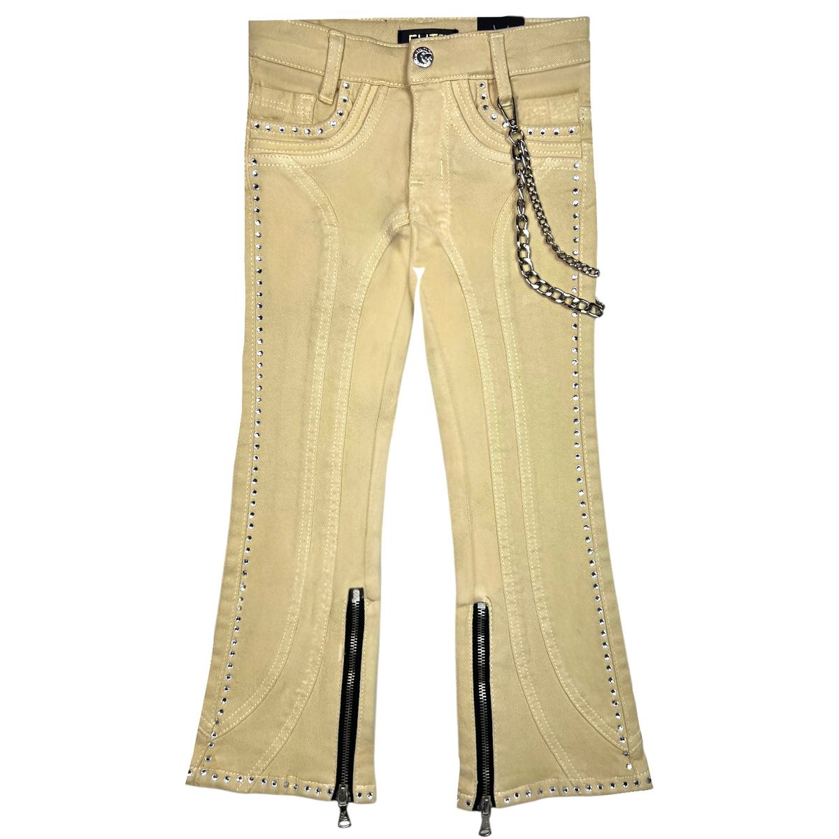 Cream Stone Chain Stacked Jeans