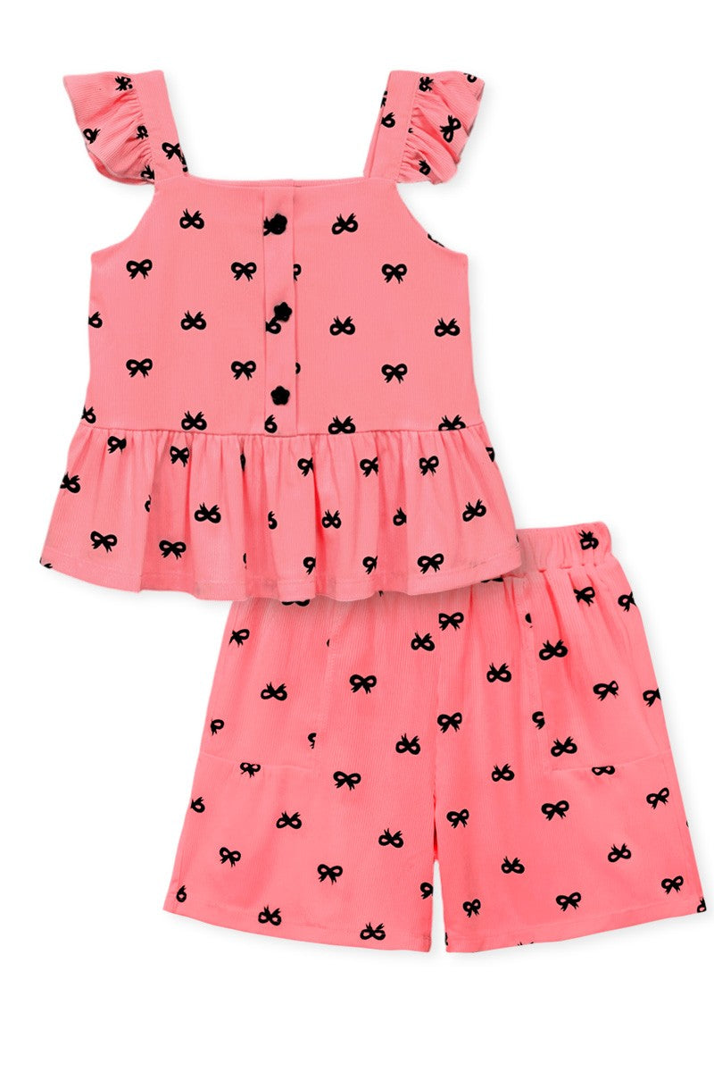 Girl's Ruffle & Bow Print Short Set