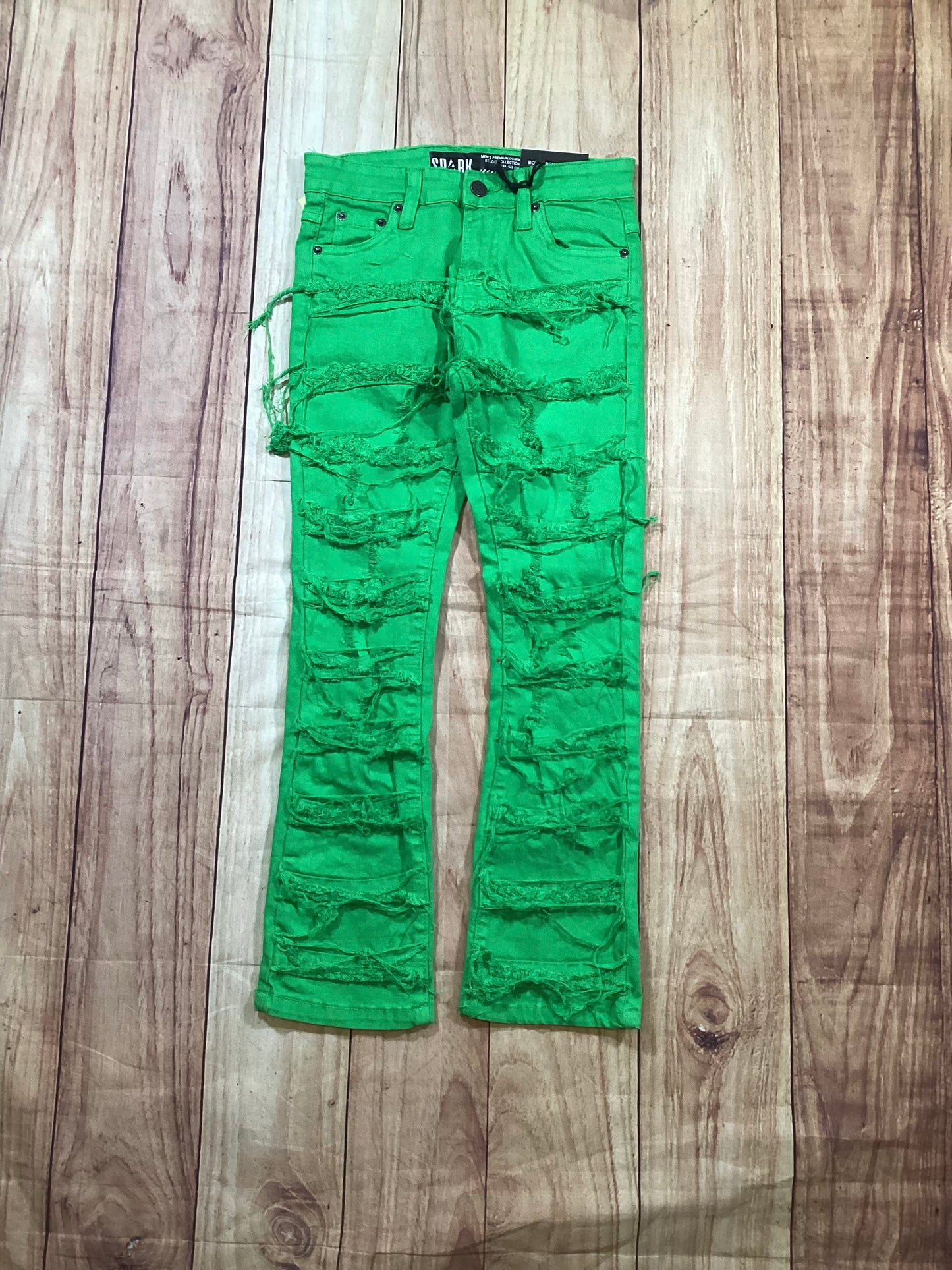Green Stacked Jean w/ Multi Frayed