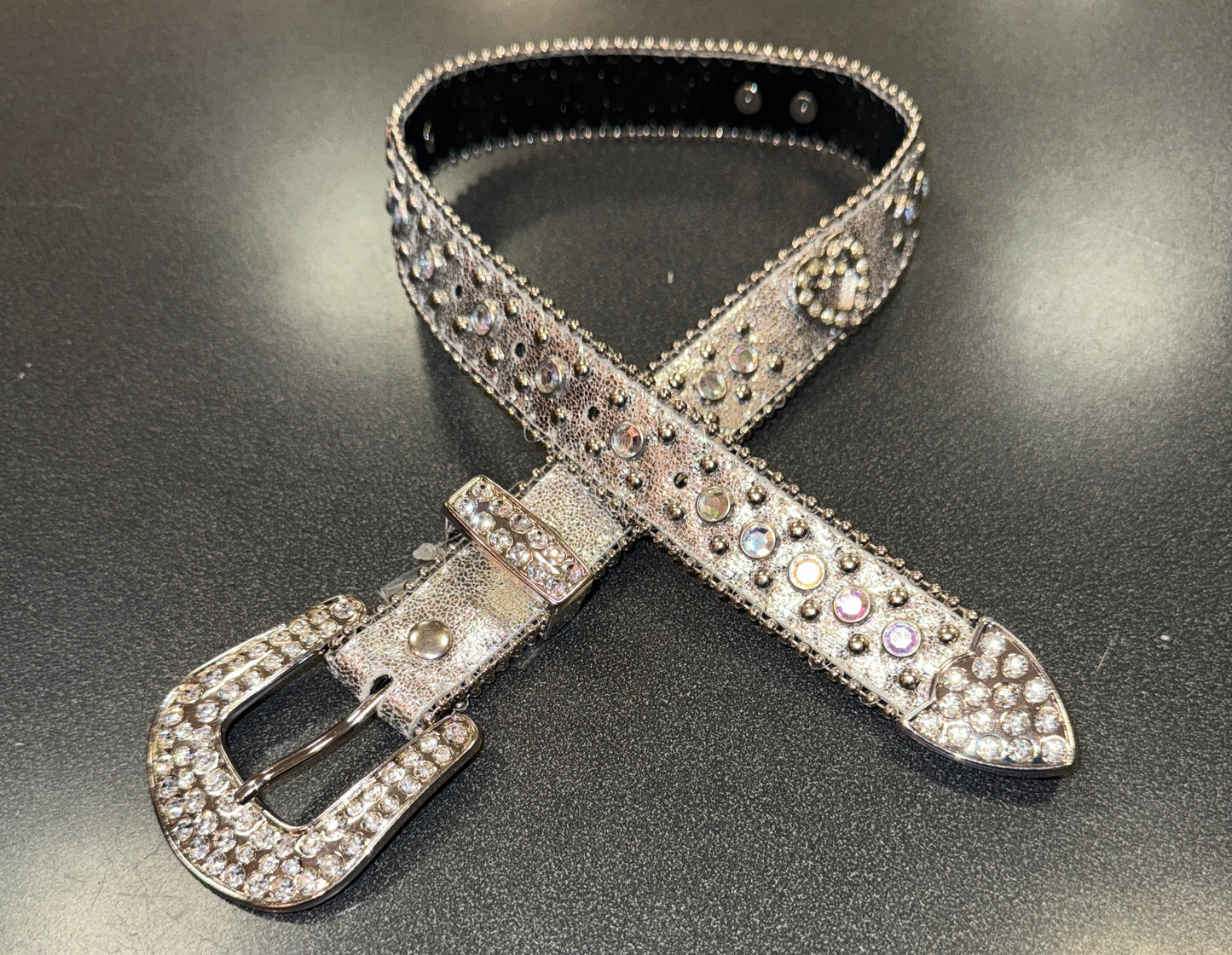 Rhinestone Belt Blk/Svr Heart