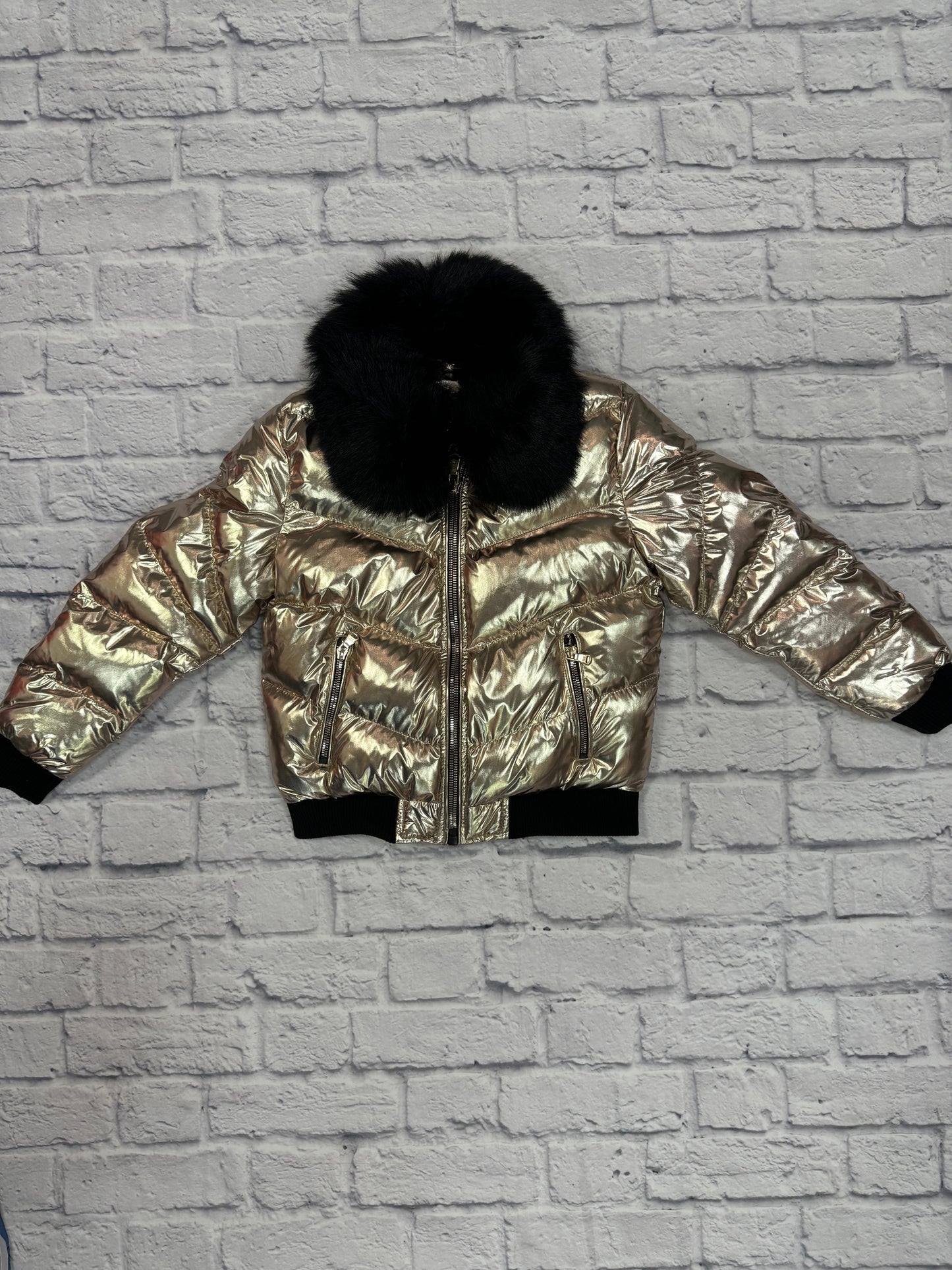 Metallic Gold Puffer Coat w/Fur