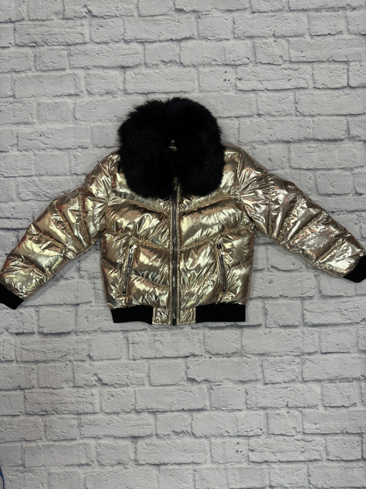 Metallic Gold Puffer Coat w/Fur