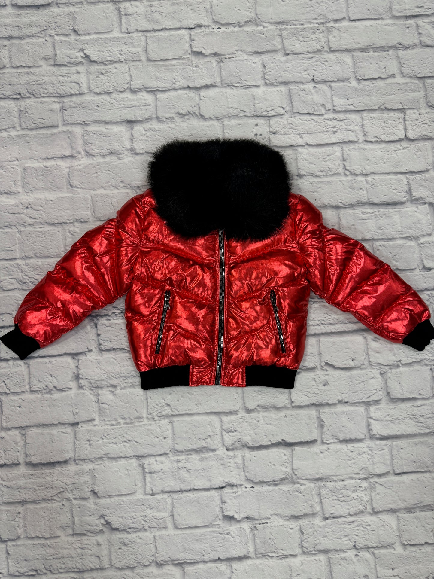 Metallic Red Puffer Coat w/Fur