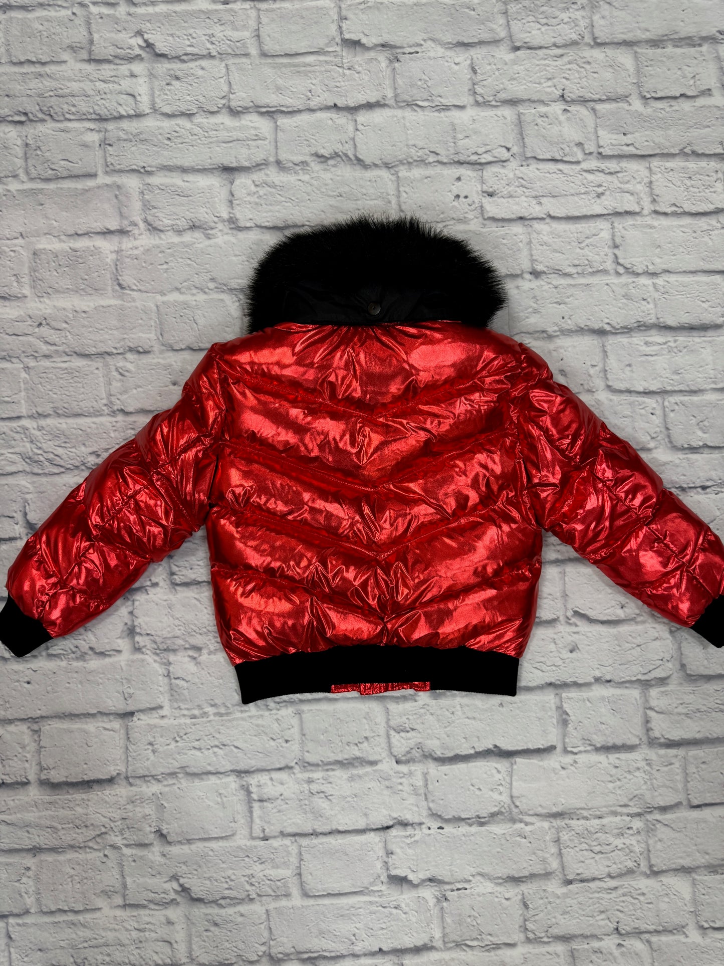 Metallic Red Puffer Coat w/Fur