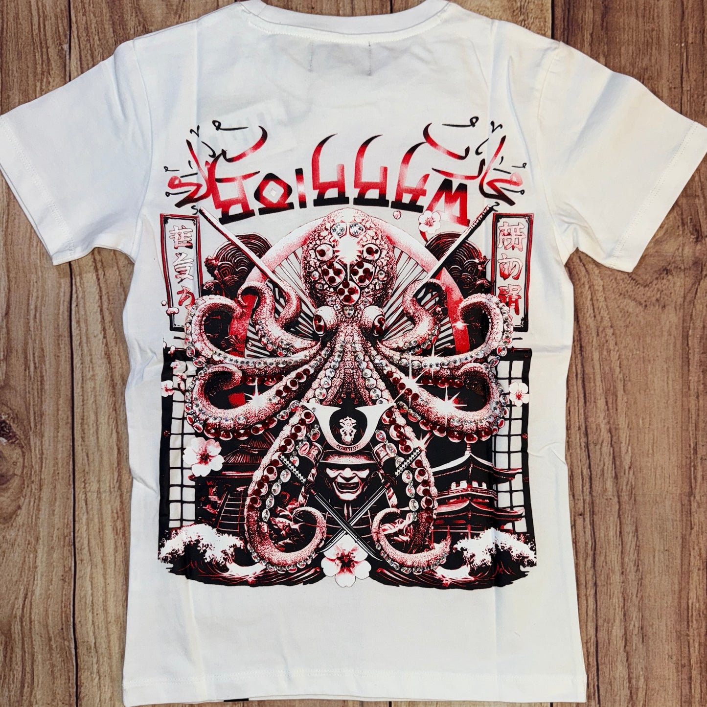 Octopus Rhinestone T-Shirt - White/Red
