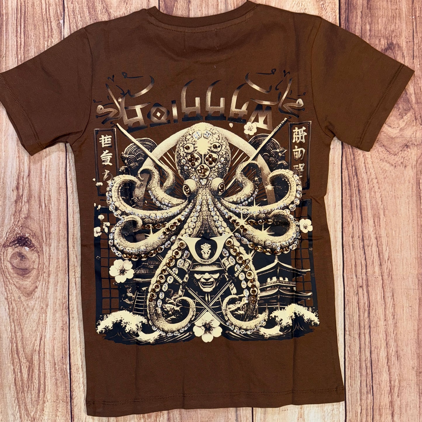 Octopus Rhinestone T-Shirt - Brown/Tan
