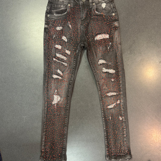 Faded Gray w/ Red Rhinestone Jeans