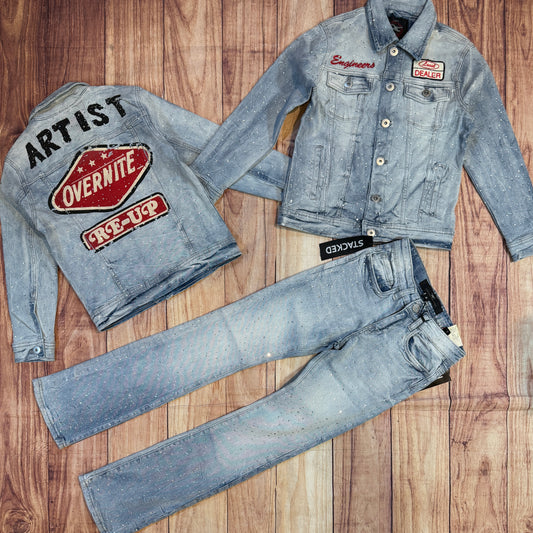 Lt Blue Full Rhinestone Stacked Jeans