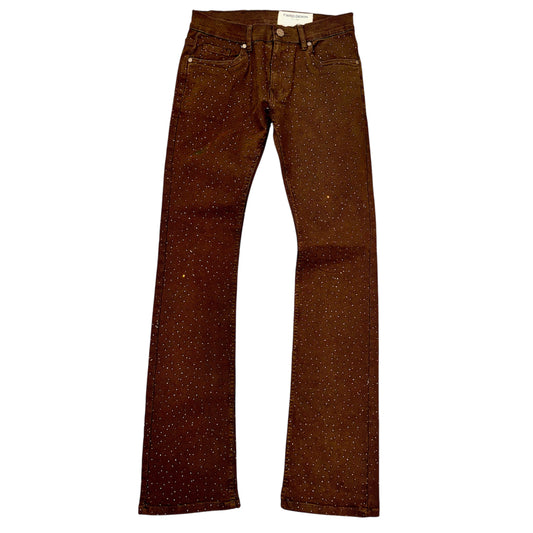 Brown Rhinestone Stacked Jeans
