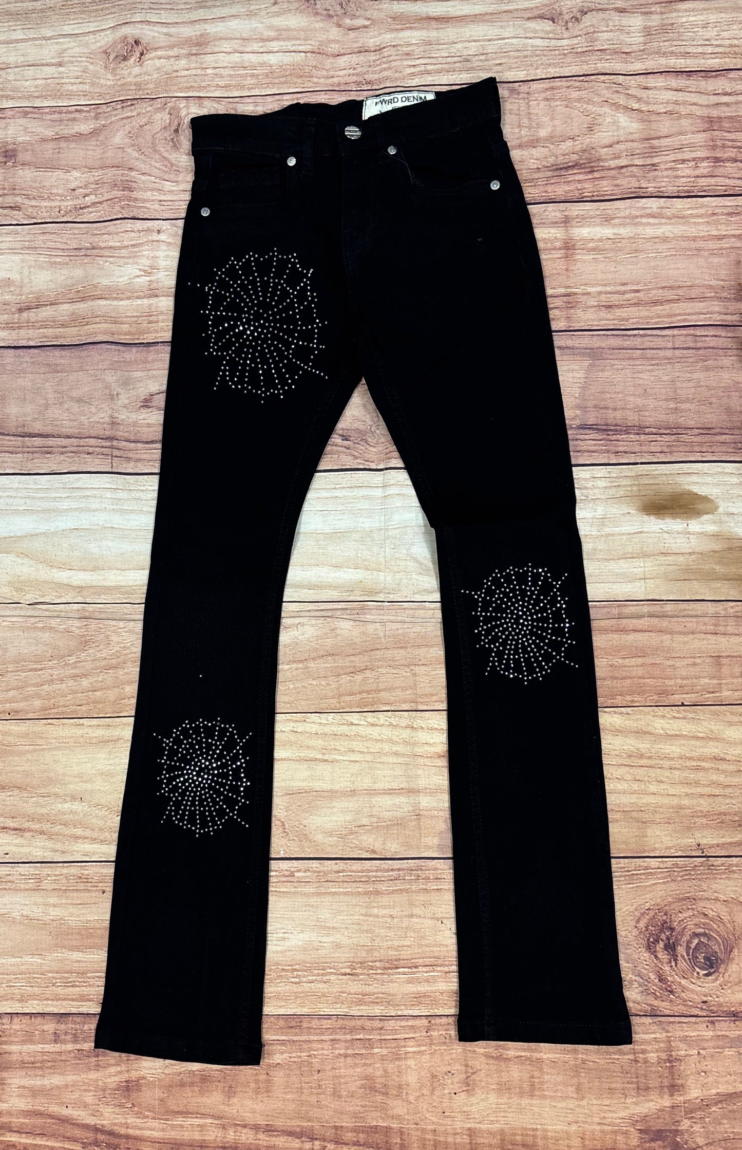 Crystal Spider Web Stacked Jeans - Black
