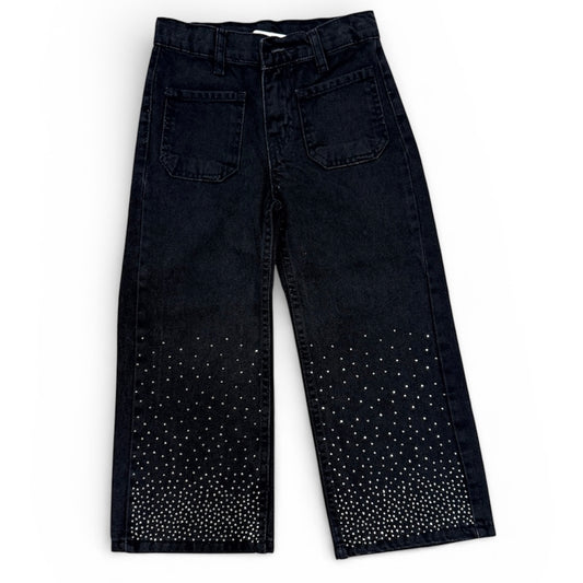 Girls Wide Leg Rhinestone Jeans - Black