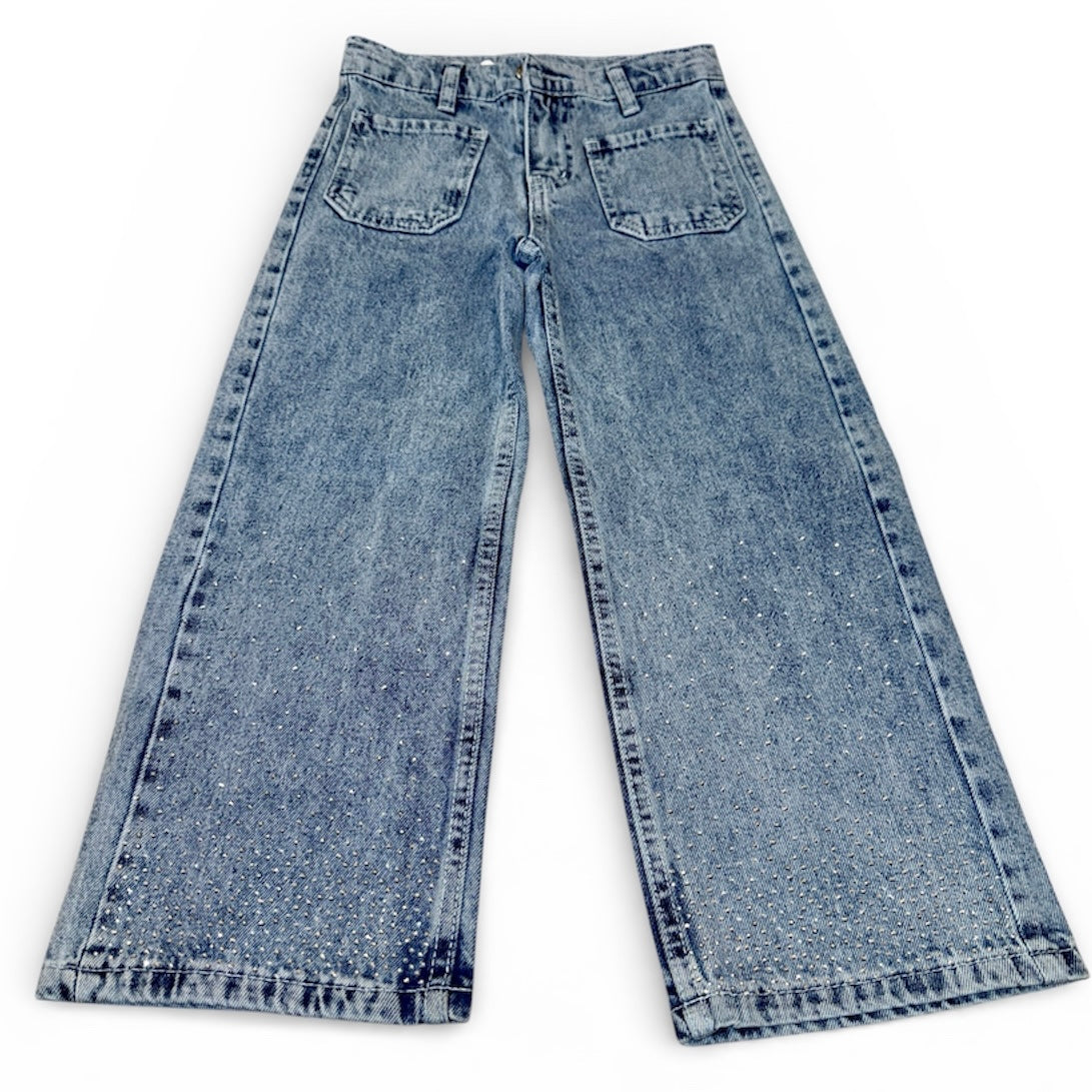 Girls Wide Leg Rhinestone Jeans - Blue